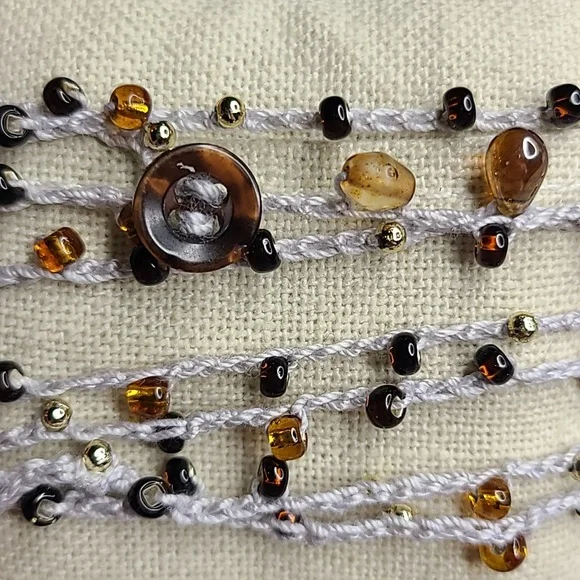 Women's Wrap Bracelet Light Gray Gold Brown Beads Handmade Crochet Everyday Cute - Picture 6 of 6